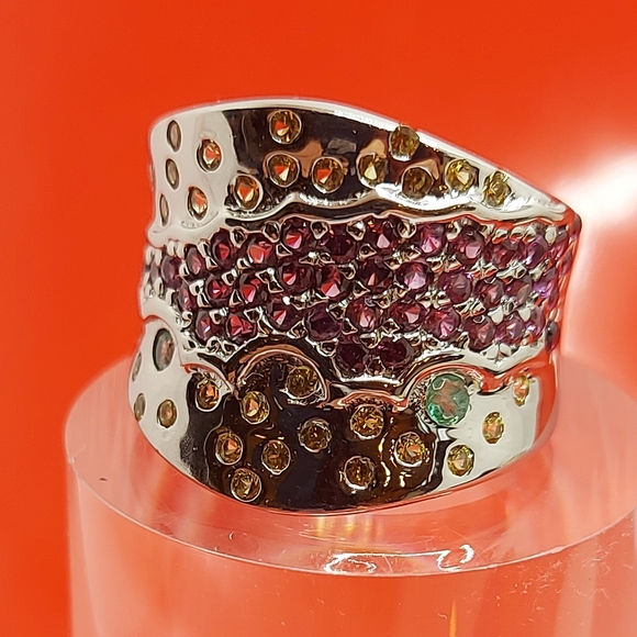 Natural Rhodolite Garnet, Emerald, Sapphire 925 Sterling Silver Ring Size 7.75 - Picture 1 of 10